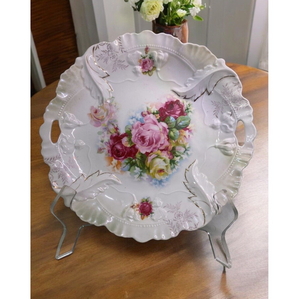 Vintage Gold Etched Rose Handled Celery Dish Plate Bowl Serving Platter -Germany